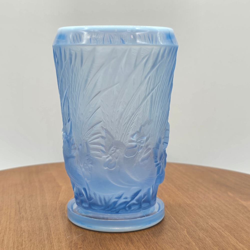 Vintage Duncan‎ & Miller Blue Opalescent Chanticleer Rooster Vase 1930s Art Deco